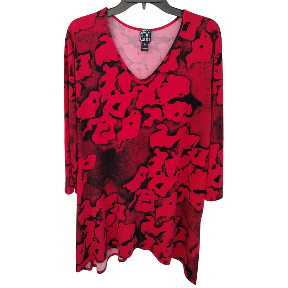 Clara Sunwoo Red & Black Abstract-Print V-Neck Stretch-Knit Tunic Top Women's 1X